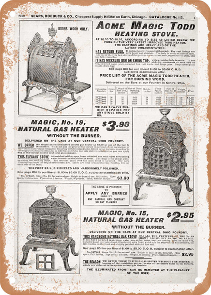 1902 Sears Catalog Heaters Page 816 - Rusty Look Metal Sign