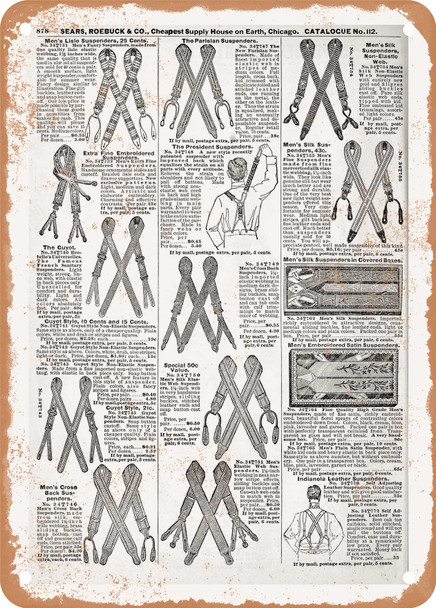 1902 Sears Catalog Men's Suspenders Page 860 - Rusty Look Metal Sign