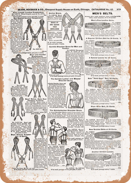 1902 Sears Catalog Men's Suspenders Page 861 - Rusty Look Metal Sign