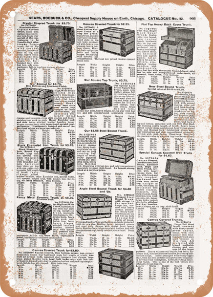 1902 Sears Catalog Trunks Page 885 - Rusty Look Metal Sign