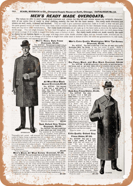 1902 Sears Catalog Men's Tailoring Page 938 - Rusty Look Metal Sign
