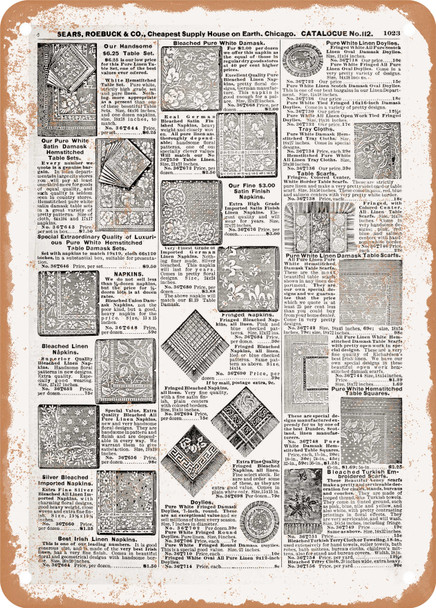 1902 Sears Catalog Linens Page 1003 - Rusty Look Metal Sign