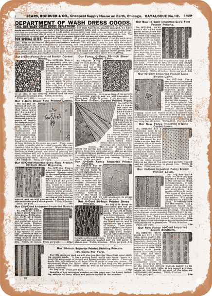 1902 Sears Catalog Linens Page 1009 - Rusty Look Metal Sign