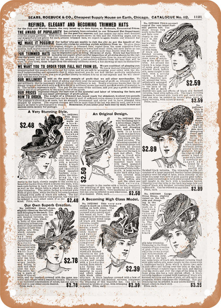 1902 Sears Catalog Hats Page 1097 - Rusty Look Metal Sign