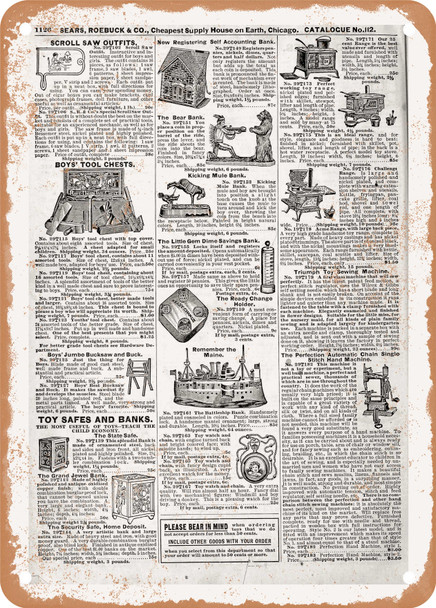1902 Sears Catalog Toys and Games Page 1104 - Rusty Look Metal Sign