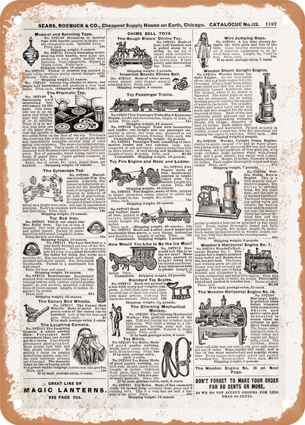 1902 Sears Catalog Toys and Games Page 1105 - Rusty Look Metal Sign