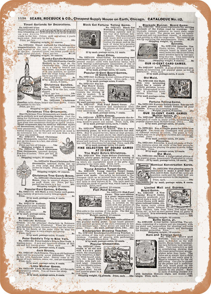 1902 Sears Catalog Toys and Games Page 1112 - Rusty Look Metal Sign