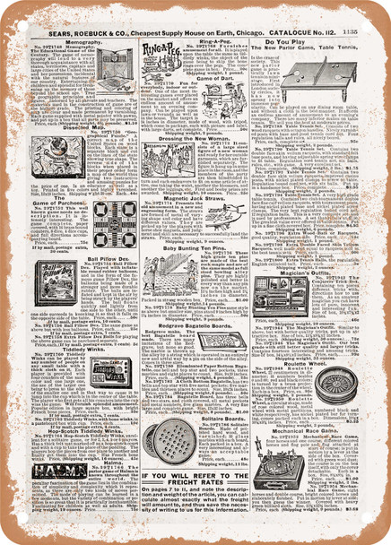 1902 Sears Catalog Toys and Games Page 1113 - Rusty Look Metal Sign