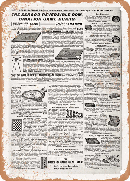 1902 Sears Catalog Toys and Games Page 1114 - Rusty Look Metal Sign