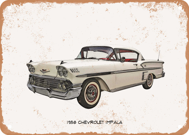 1958 Chevrolet Impala Pencil Sketch  - Rusty Look Metal Sign