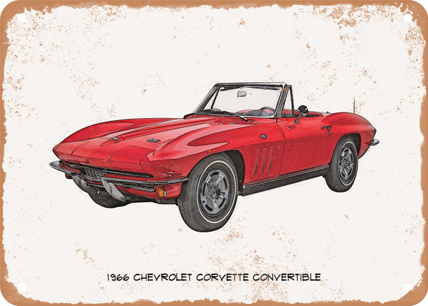 1966 Chevrolet Corvette Convertible Pencil Sketch - Rusty Look Metal Sign