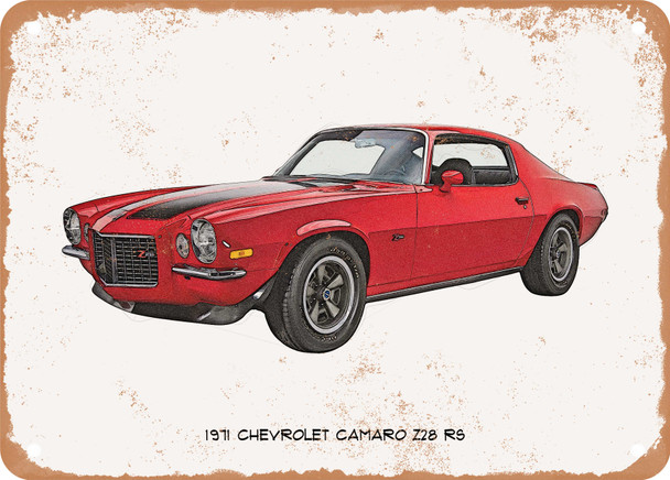 1971 Chevrolet Camaro Z28 RS Pencil Sketch - Rusty Look Metal Sign