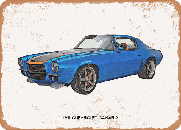 1971 Chevrolet Camaro Pencil Sketch - Rusty Look Metal Sign