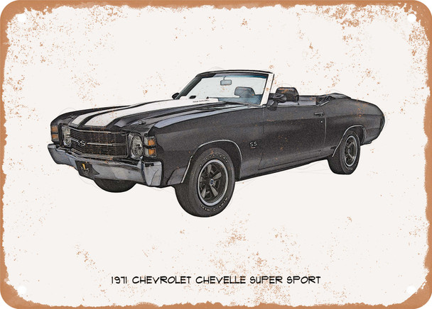 1971 Chevrolet Chevelle Super Sport Pencil Sketch - Rusty Look Metal Sign