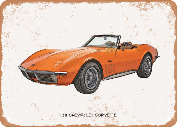 1971 Chevrolet Corvette Pencil Sketch - Rusty Look Metal Sign