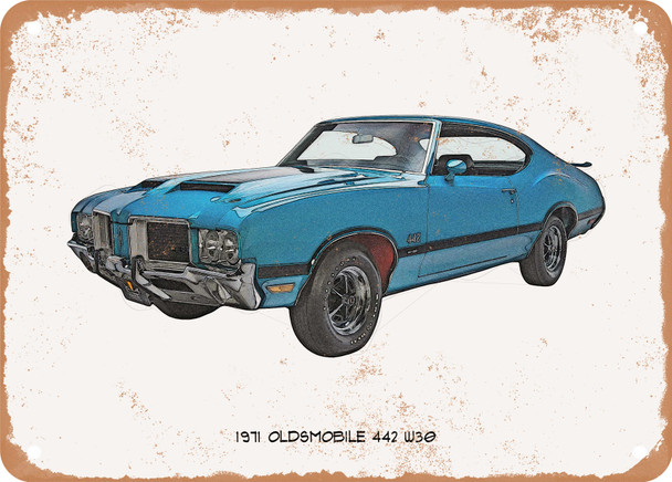 1971 Oldsmobile 442 W-30 Pencil Sketch  - Rusty Look Metal Sign