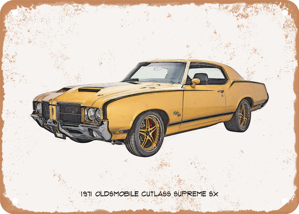 1971 Oldsmobile Cutlass Supreme SX Pencil Sketch - Rusty Look Metal Sign