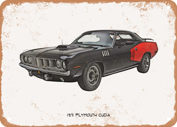 1971 Plymouth Cuda Pencil Sketch  - Rusty Look Metal Sign