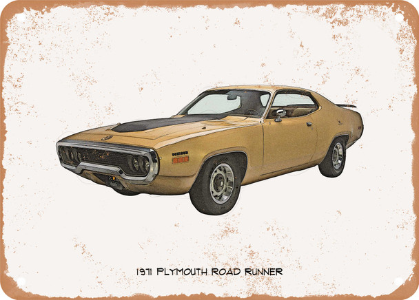 1971 Plymouth Road Runner Pencil Sketch - Rusty Look Metal Sign