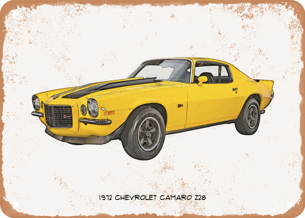 1972 Chevrolet Camaro Z28 Pencil Sketch - Rusty Look Metal Sign