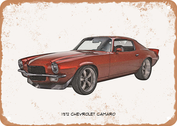 1972 Chevrolet Camaro Pencil Sketch - Rusty Look Metal Sign