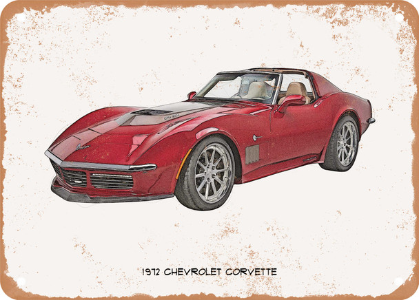 1972 Chevrolet Corvette Pencil Sketch - Rusty Look Metal Sign
