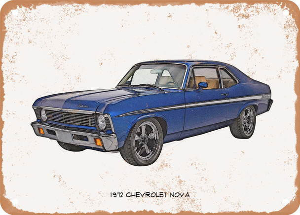 1972 Chevrolet Nova Pencil Sketch - Rusty Look Metal Sign