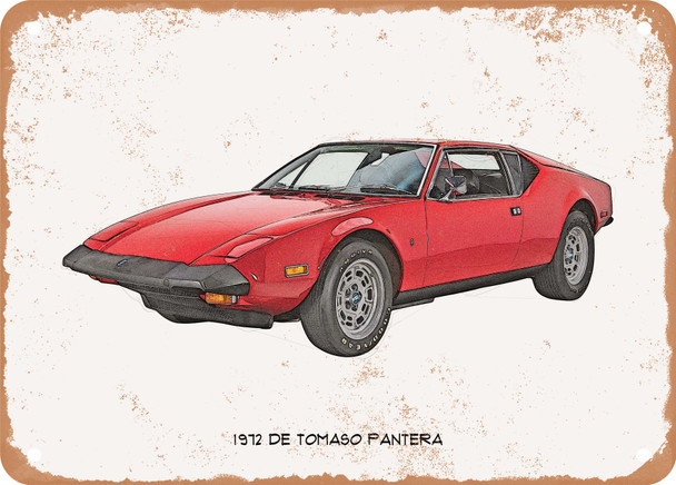 1972 De Tomaso Pantera Pencil Sketch - Rusty Look Metal Sign