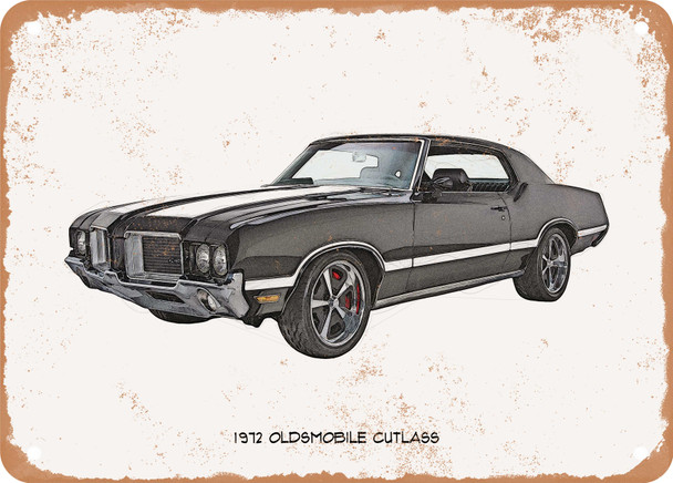 1972 Oldsmobile Cutlass Pencil Sketch - Rusty Look Metal Sign