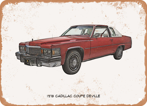 1978 Cadillac Coupe Deville Pencil Sketch - Rusty Look Metal Sign