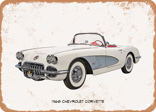 1960 Chevrolet Corvette Oil Painting  - Rusty Look Metal Sign