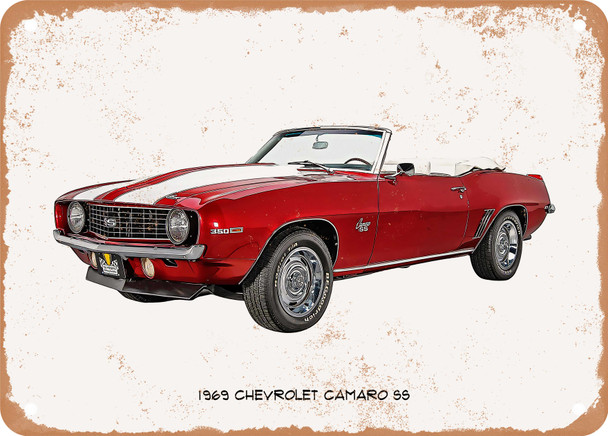 1969 Chevrolet Camaro SS Oil Painting  -  Rusty Look Metal Sign