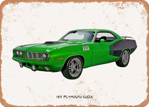 1971 Plymouth Cuda Oil Painting - Rusty Look Metal Sign