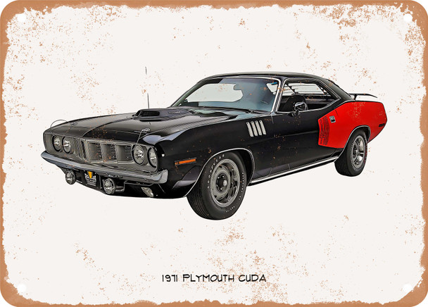 1971 Plymouth Cuda Oil Painting - Rusted Look Metal Sign