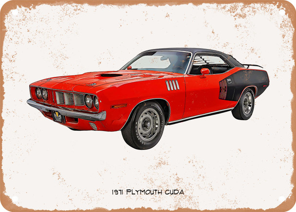 1971 Plymouth Cuda Oil Painting  - Rusted Look Metal Sign