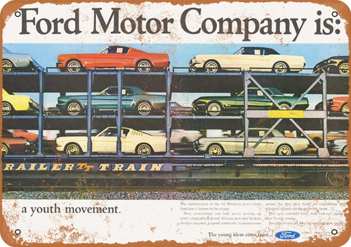 1965 Ford Mustangs on a Train Metal Sign