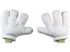 White, oversized, stuffed gloves with the traditional cartoon-look, three fingers and a thumb.