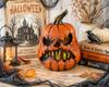Scary jack o lantern Halloween prop with candles books and haunted fall decor background