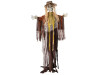 A spooky Halloween decoration of a scarecrow with a skull face, glowing red eyes, tattered brown and orange clothing, and straw accents.