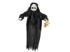 Creepy hanging Halloween girl with glowing red eyes and stuffed bear