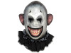 Scary monkey clown mask side view with cracked white face, black ruffle collar, and wide toothy grin