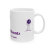 Close up of House of Hauntz crystal ball hand logo on white Halloween ceramic coffee mug