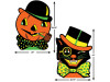 A cartoon pumpkin wearing a bowler hat and smoking a pipe next to a cartoon cat wearing a top hat and a monocle.