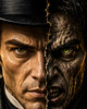 Dark Victorian artwork showing dual personality transformation scene