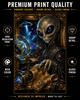 Retro UFO invasion artwork featuring alien mastermind and Earth hologram