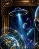 Celestial alien poster with spacecraft planets and antique astronomical instruments