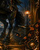 Legend of Sleepy Hollow inspired art with Ichabod Crane running across a misty bridge