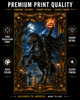 Dark autumn forest artwork with twisted trees, glowing lanterns, and a spectral rider