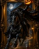 Headless Horseman riding a black horse while raising a glowing jack o lantern beneath a full moon
