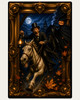 Sleepy Hollow inspired Ichabod Crane riding a white horse through a haunted autumn night